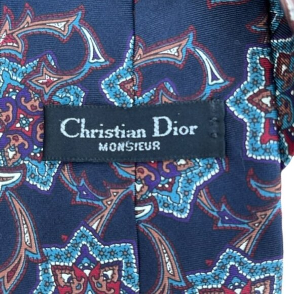 Christian Dior Monsieur Men Tie Necktie Designer Silk Navy Blue Burgundy Paisley - Picture 7 of 9